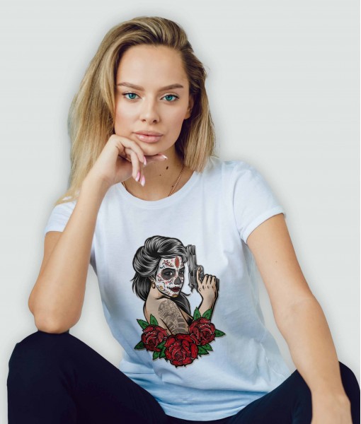 Дамска тениска с щампа Арт Sugarskull women holding gun - TShirtArtShop.com